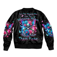 Black bomber jacket with colorful skull, roses, and wing graphic on back