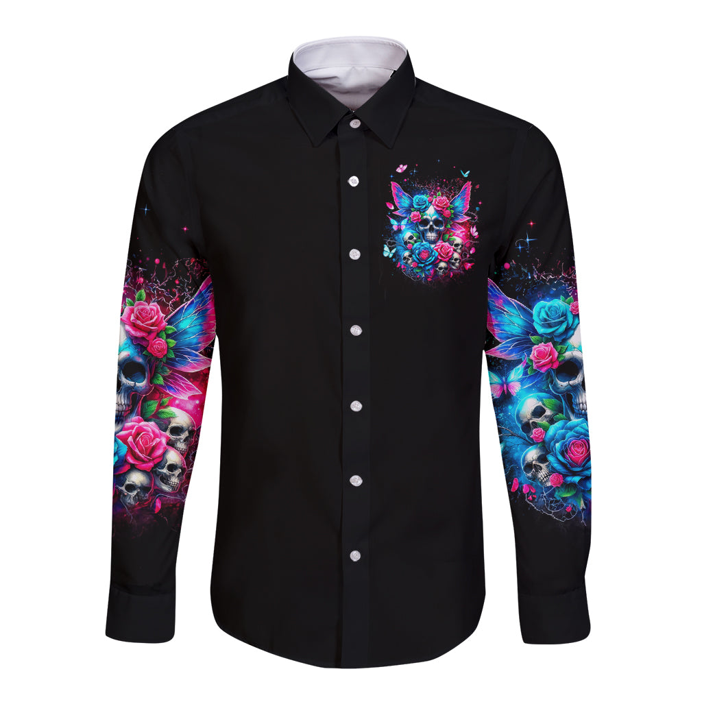 Black long sleeve button shirt with colorful fairy skull chest and sleeve print