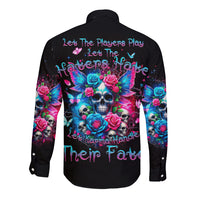 Black long sleeve button shirt with colorful skull fairy back print