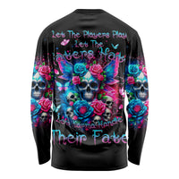 Black long-sleeve skull shirt with roses, fairy skulls, and karma text on back