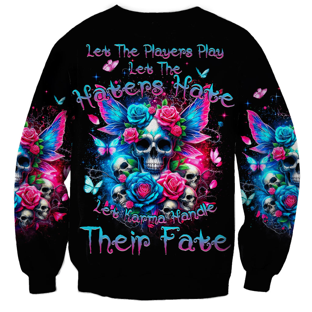 Black crewneck sweatshirt with colorful skull, roses, butterflies graphic on front