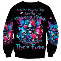 Black crewneck sweatshirt with colorful skull, roses, butterflies graphic on front