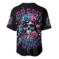 Black baseball jersey with skull-and-rose front graphic and colorful drip lettering