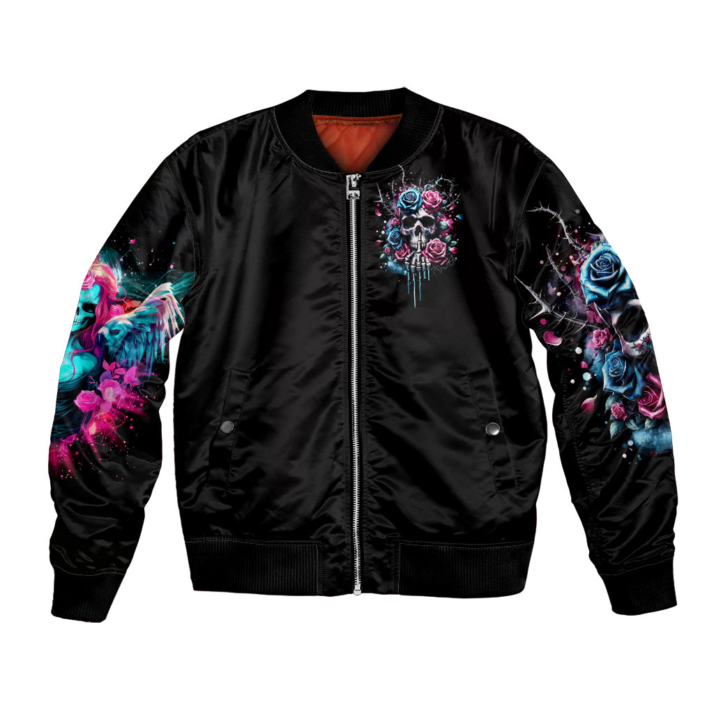 Black bomber jacket with front zipper and colorful rose skull floral print