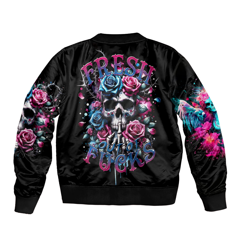 Black bomber jacket with rose skull graphic on back and colorful sleeve artwork