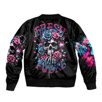 Black bomber jacket with rose skull graphic on back and colorful sleeve artwork