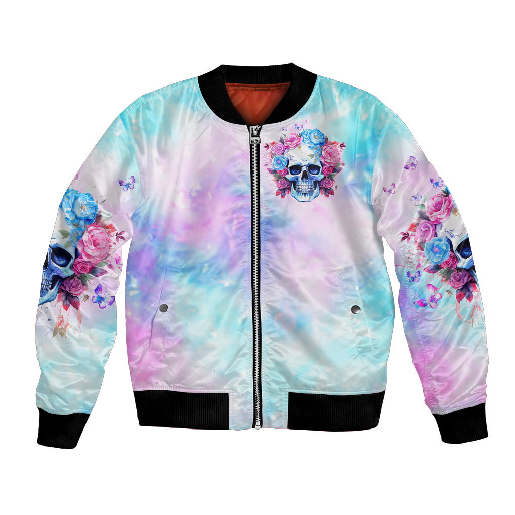 Blue tie-dye bomber jacket with floral skull crest, zip front and ribbed hem