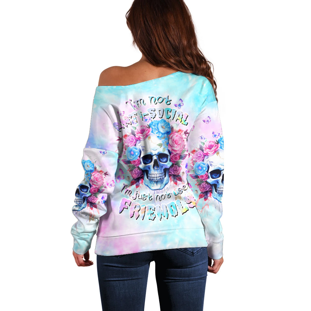 Flower Skull Off Shoulder Sweater I'm Not Anti-Social I'm Just Not User Friendly - Wonder Print Shop