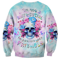 Unisex crewneck sweatshirt in blue tie-dye with floral skull graphic and dark text