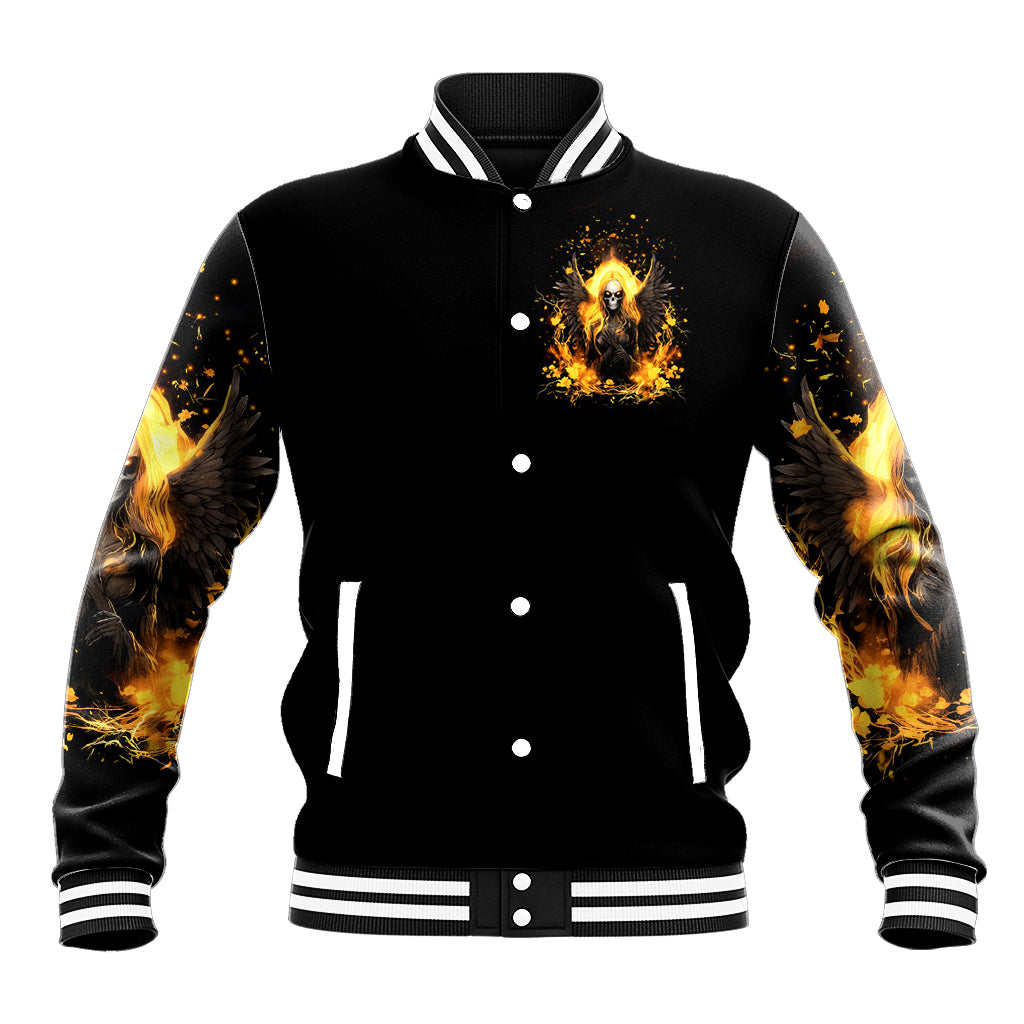 Black unisex baseball jacket with angel skull graphic on chest, button front, striped cuffs