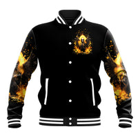 Black unisex baseball jacket with angel skull graphic on chest, button front, striped cuffs