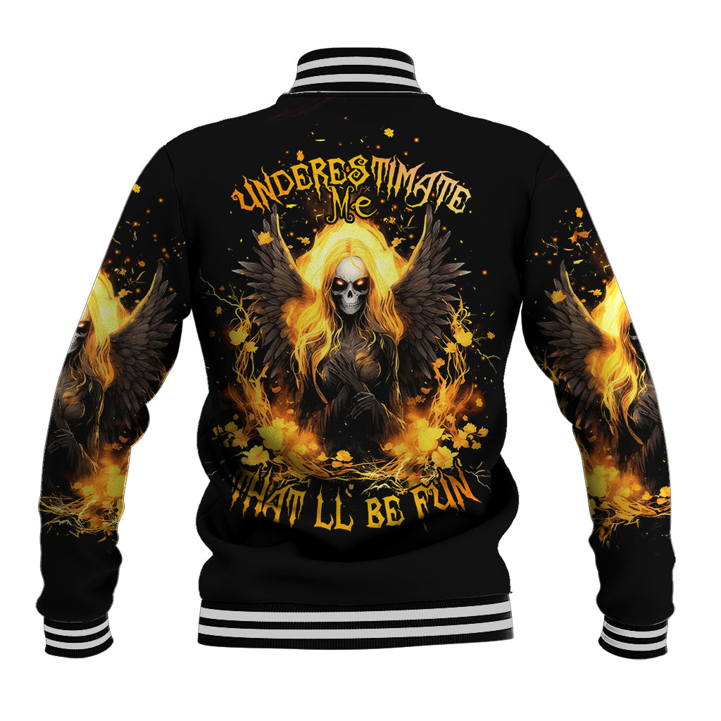Black unisex baseball jacket with angel skull graphic on back, striped ribbed collar