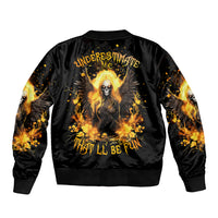 Black bomber jacket with angel skull graphic, flames and wings on back; ribbed cuffs