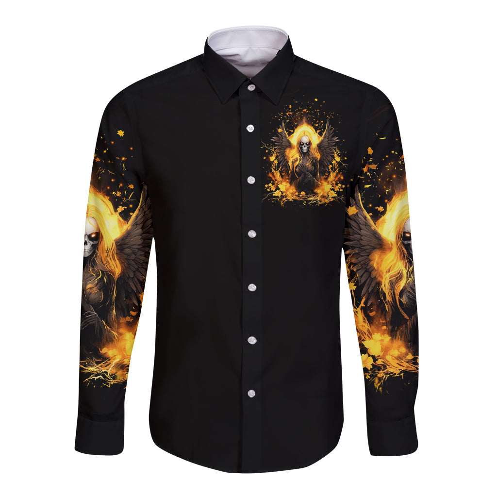 Unisex black long-sleeve button-up shirt, front graphic with angel skull and fiery wings