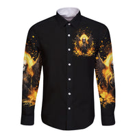Unisex black long-sleeve button-up shirt, front graphic with angel skull and fiery wings