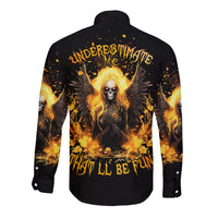 Unisex black long-sleeve button-up shirt, back graphic with angel skull and wings flames