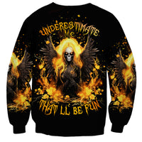 Black crewneck sweatshirt with angel skull graphic, fiery flames and wings on front