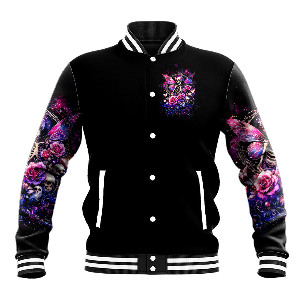 Black baseball jacket with striped rib knit trim and front fairy-skull butterfly graphic