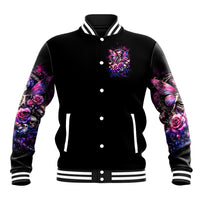 Black baseball jacket with striped rib knit trim and front fairy-skull butterfly graphic
