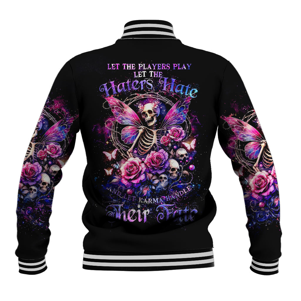 Black baseball jacket with varsity stripes and back fairy-skull butterfly graphic