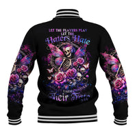 Black baseball jacket with varsity stripes and back fairy-skull butterfly graphic