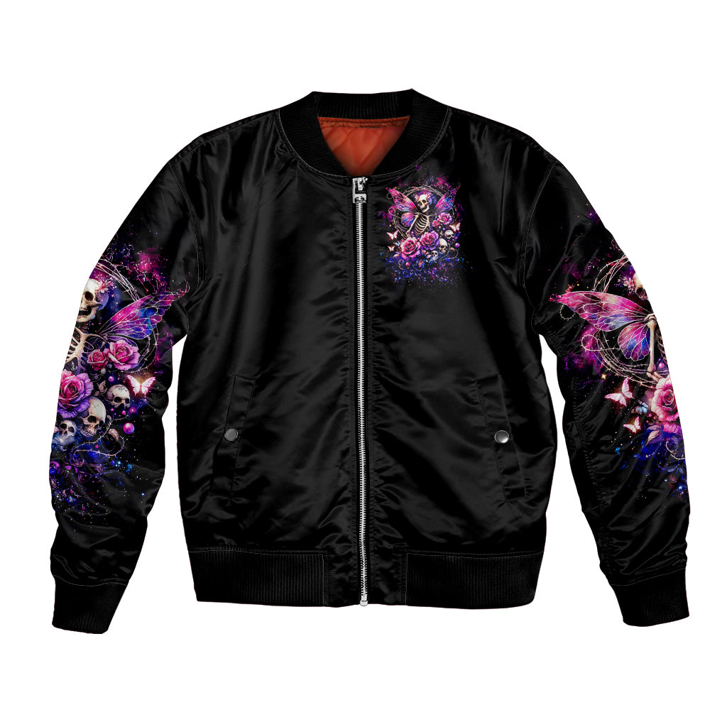 Black bomber jacket with front zipper, fairy skull rose art and sleeve graphic panels