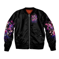Black bomber jacket with front zipper, fairy skull rose art and sleeve graphic panels