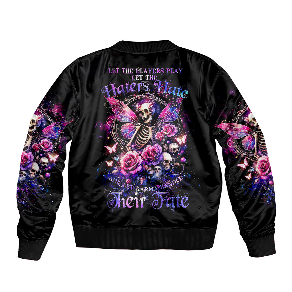 Black satin bomber jacket with fairy skull rose graphic on back, ribbed cuffs and hem