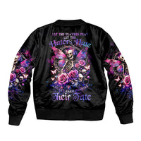 Black satin bomber jacket with fairy skull rose graphic on back, ribbed cuffs and hem