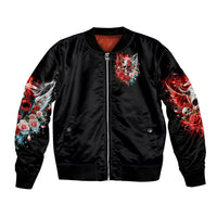 Black bomber jacket with front angel-skull graphic, zip front, ribbed waistband and cuffs