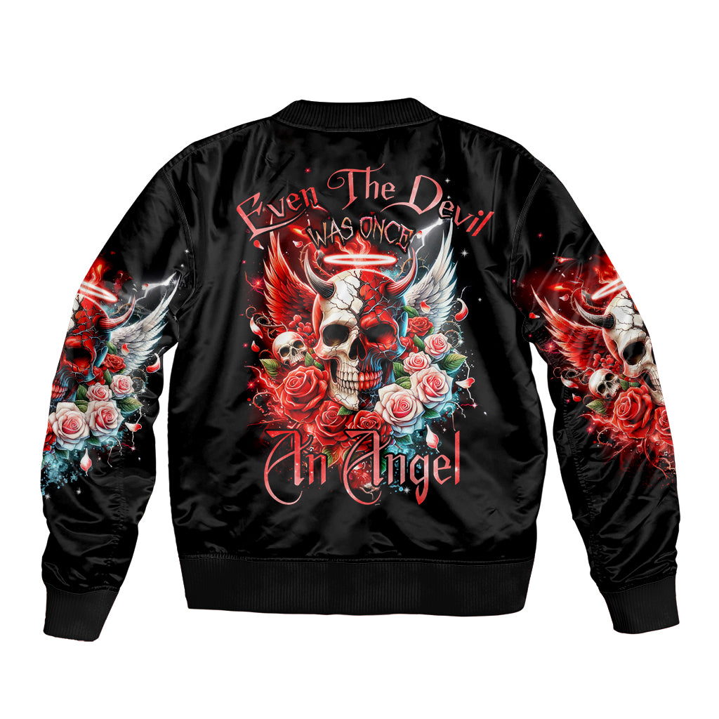 Black bomber jacket with back skull, roses, and winged angel graphic, ribbed cuffs