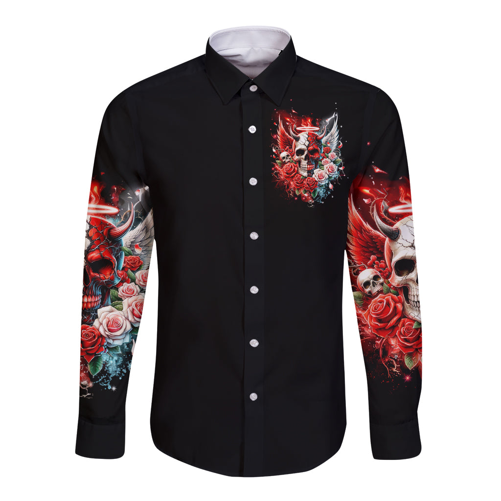 Black long-sleeve button shirt with devil/angel skull floral graphic, front view