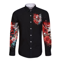 Black long-sleeve button shirt with devil/angel skull floral graphic, front view