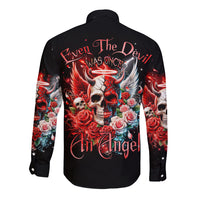 Black long-sleeve button shirt with devil and angel skull graphic, back view