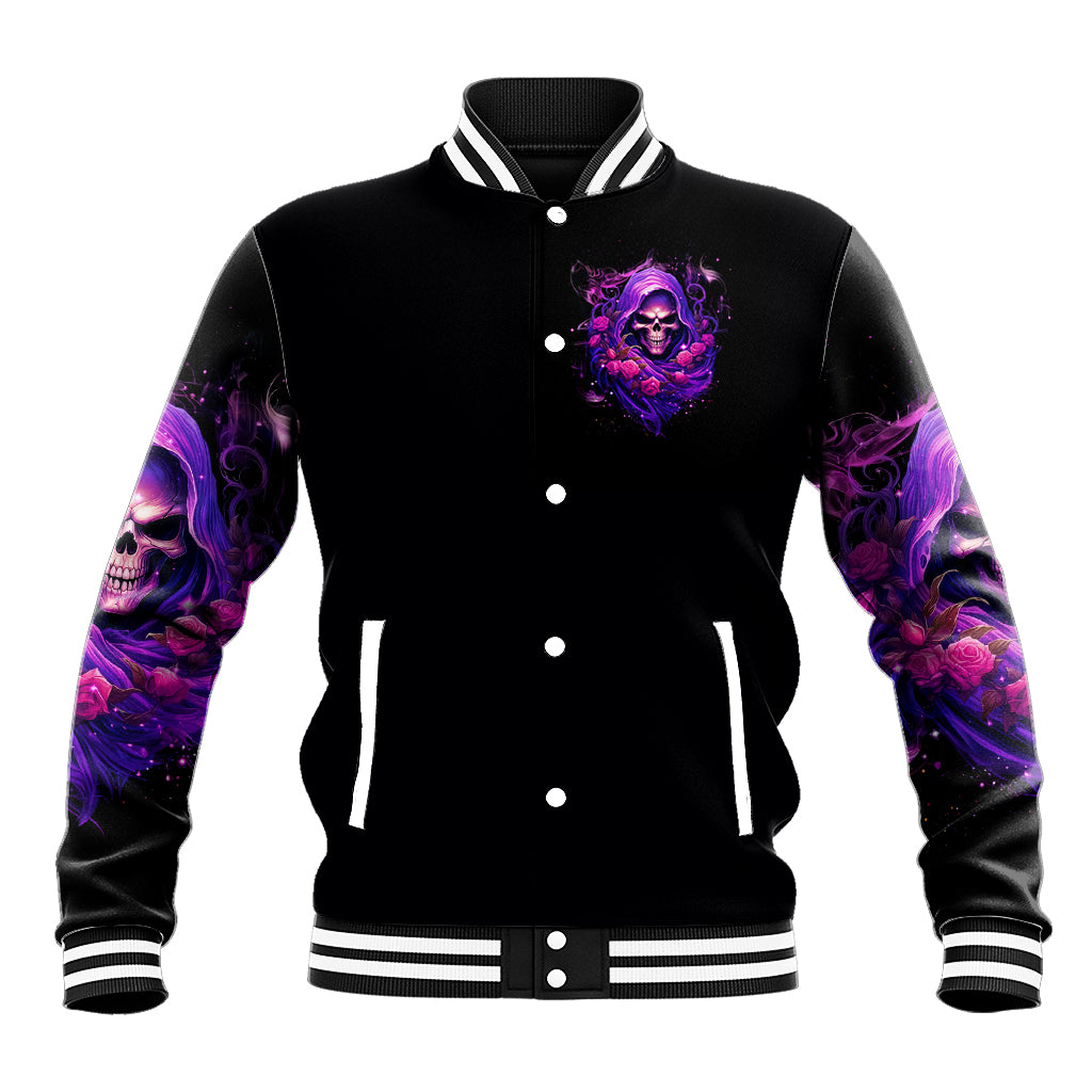 Black baseball jacket with purple skull chest emblem, snap button front and striped cuffs
