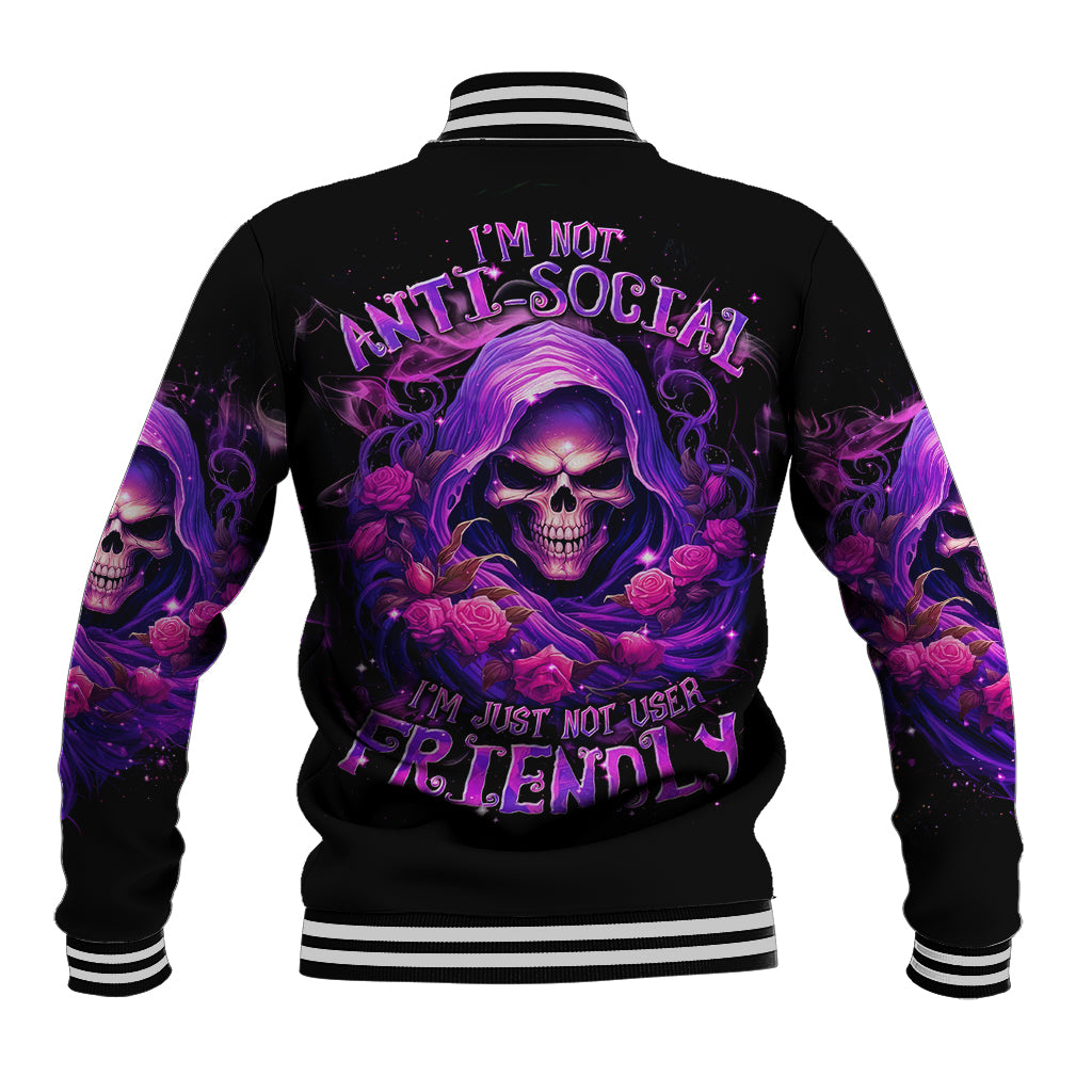 Black skull baseball jacket with purple floral sleeve graphics, ribbed striped collar