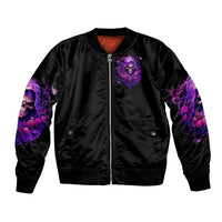 Black bomber jacket with purple skull chest graphic and front zipper