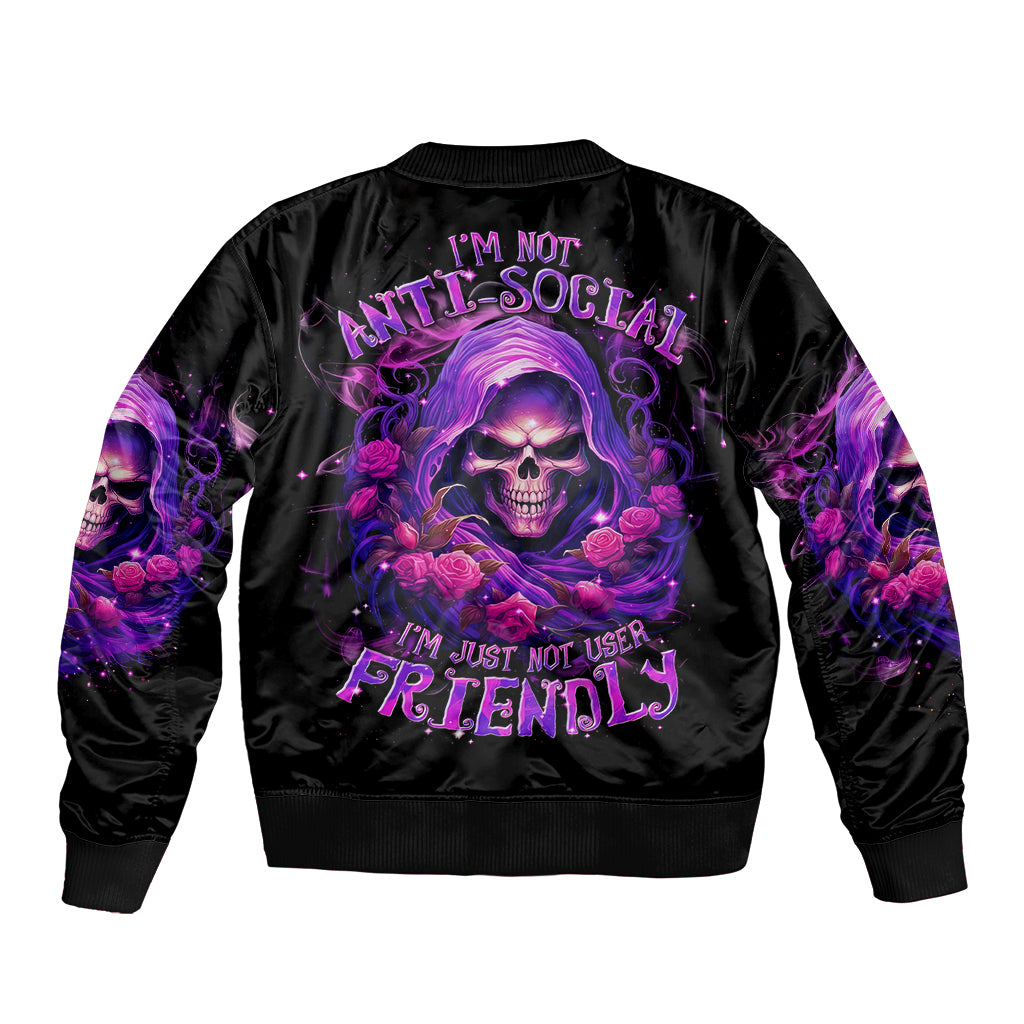 Black bomber jacket with purple skull and roses back print