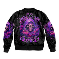 Black bomber jacket with purple skull and roses back print