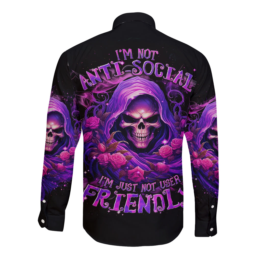 Reaper Skull Long Sleeve Button Shirt I'm Not Anti-Social I'm Just Not User Friendly - Wonder Print Shop