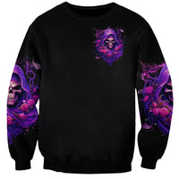 Black unisex sweatshirt with purple skull rose prints on chest and sleeves
