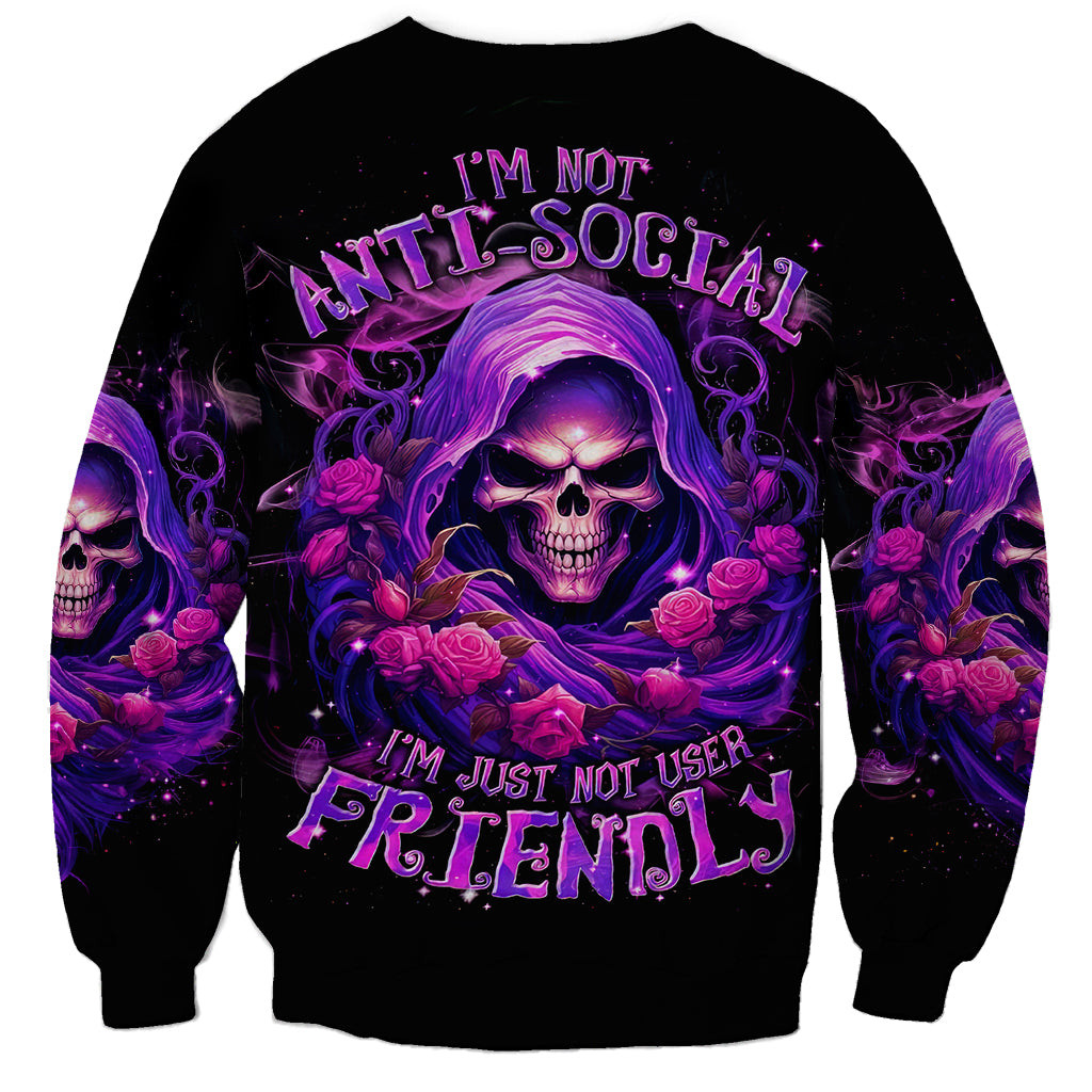 Black unisex sweatshirt with purple reaper skull and roses graphic on front