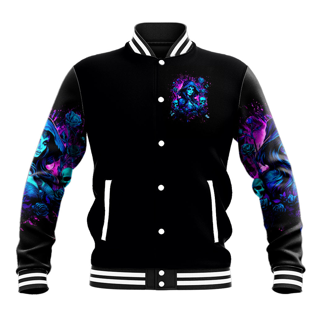 Black varsity baseball jacket with blue witch portrait front graphic and striped ribbed hem