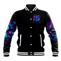 Black varsity baseball jacket with blue witch portrait front graphic and striped ribbed hem