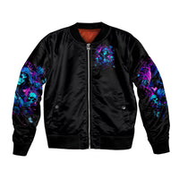 Black bomber jacket with front zip and neon witch skull patch sleeves