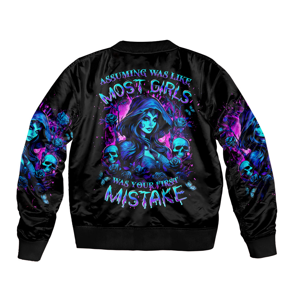 Black bomber jacket with neon witch skull back graphic and ribbed cuffs
