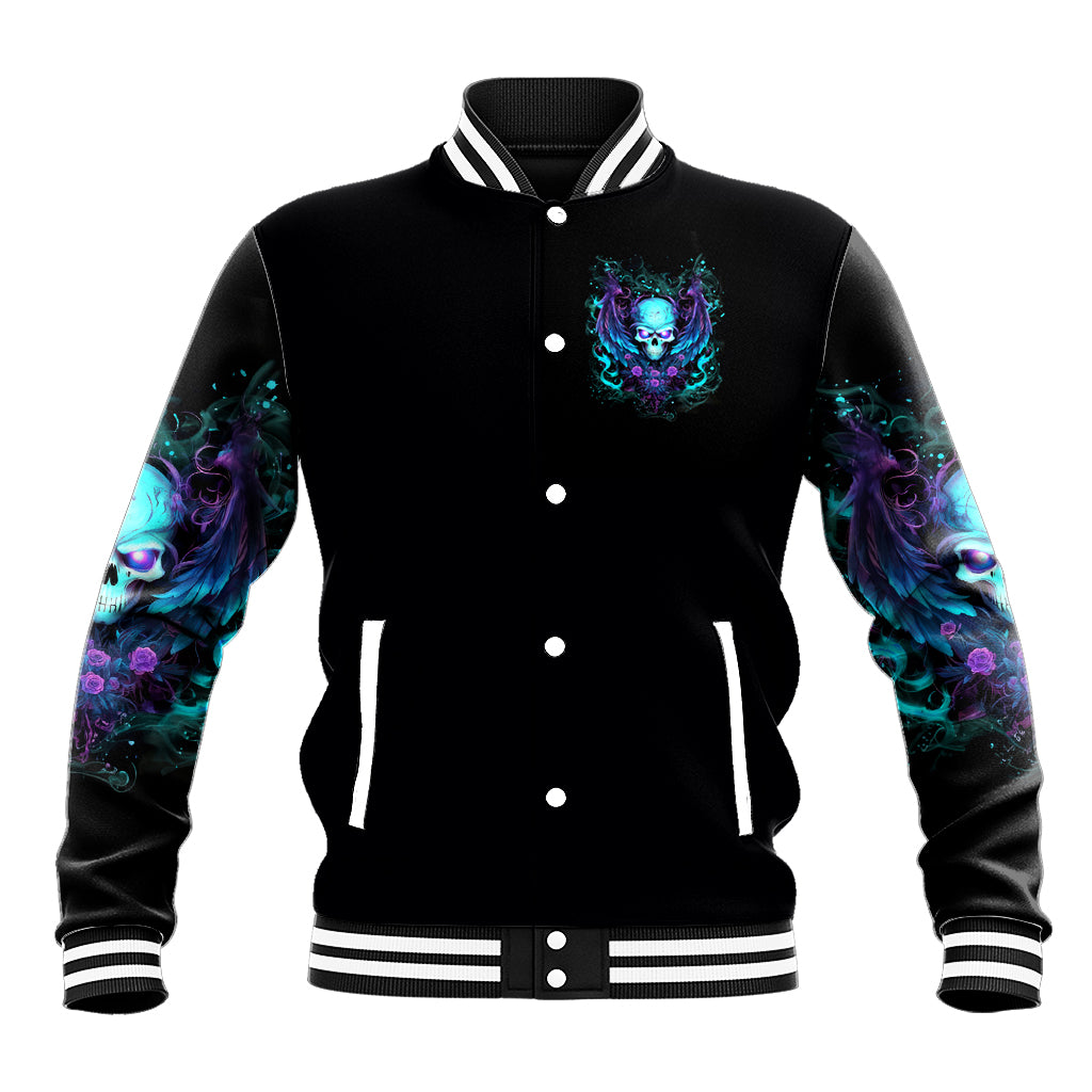 Black baseball jacket with button front, angel skull chest graphic, striped rib trim