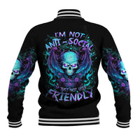Black baseball jacket with angel skull graphic on back, striped rib collar and cuffs
