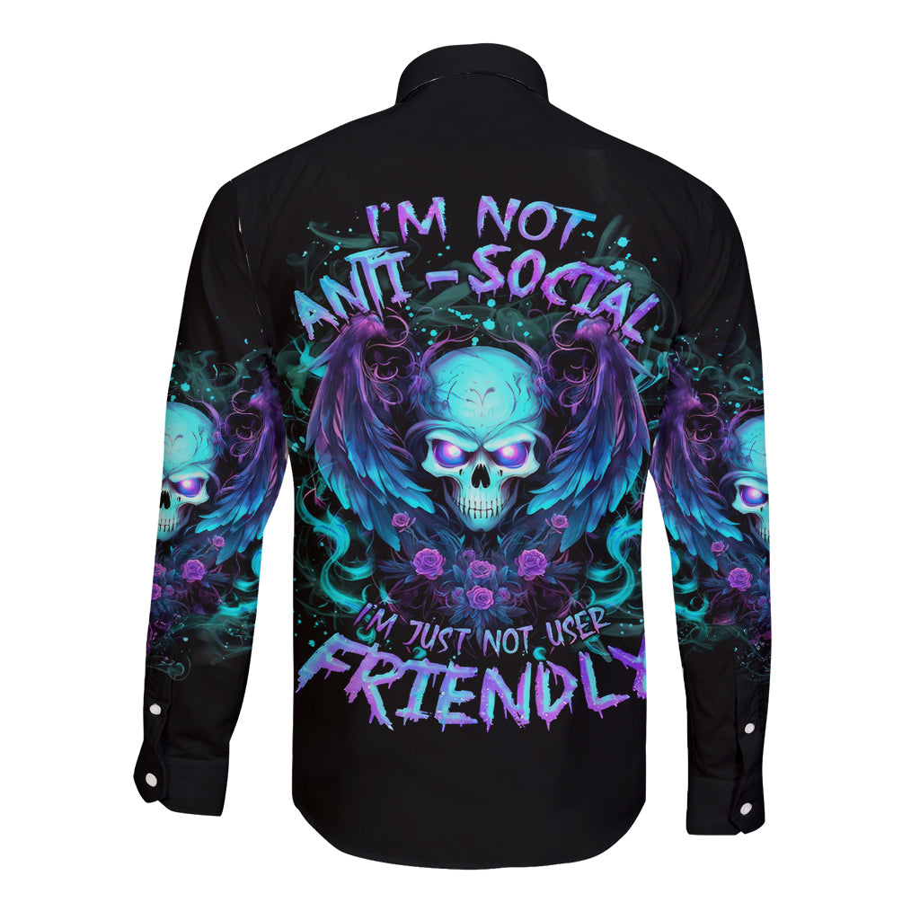 Angel Skull Long Sleeve Button Shirt I'm Not Anti-Social I'm Just Not User Friendly - Wonder Print Shop