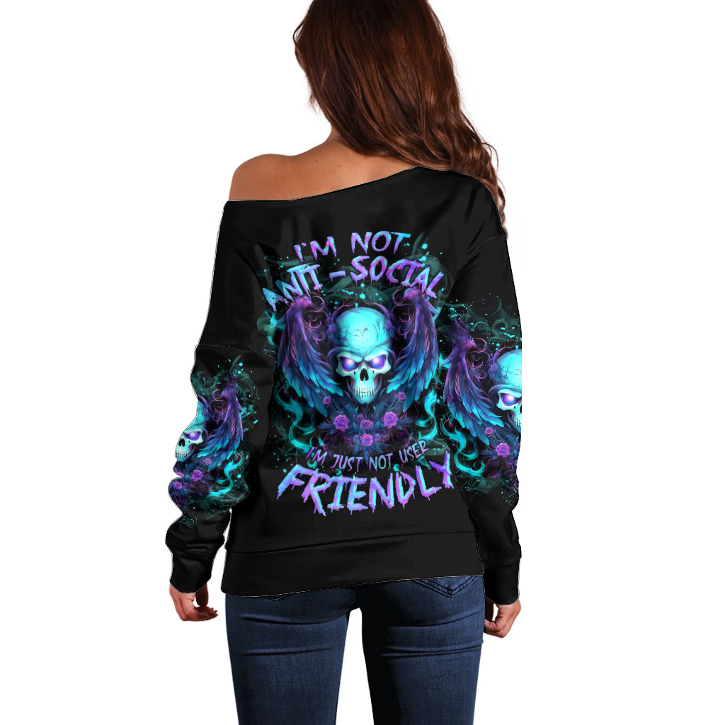 Angel Skull Off Shoulder Sweater I'm Not Anti-Social I'm Just Not User Friendly - Wonder Print Shop